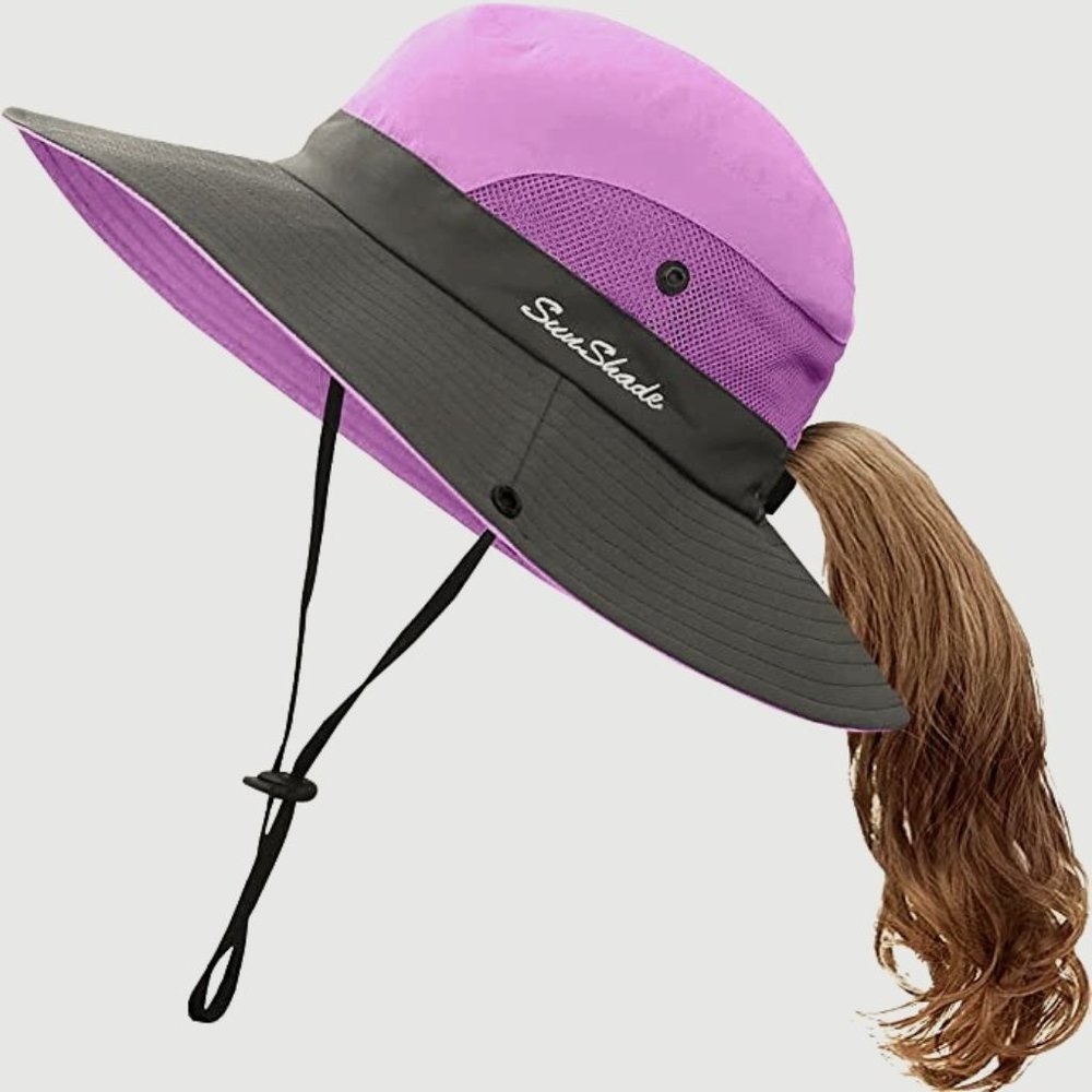 Kids UV Sun Hat with Ponytail Hole UPF 50 Bucket Cap for Girls